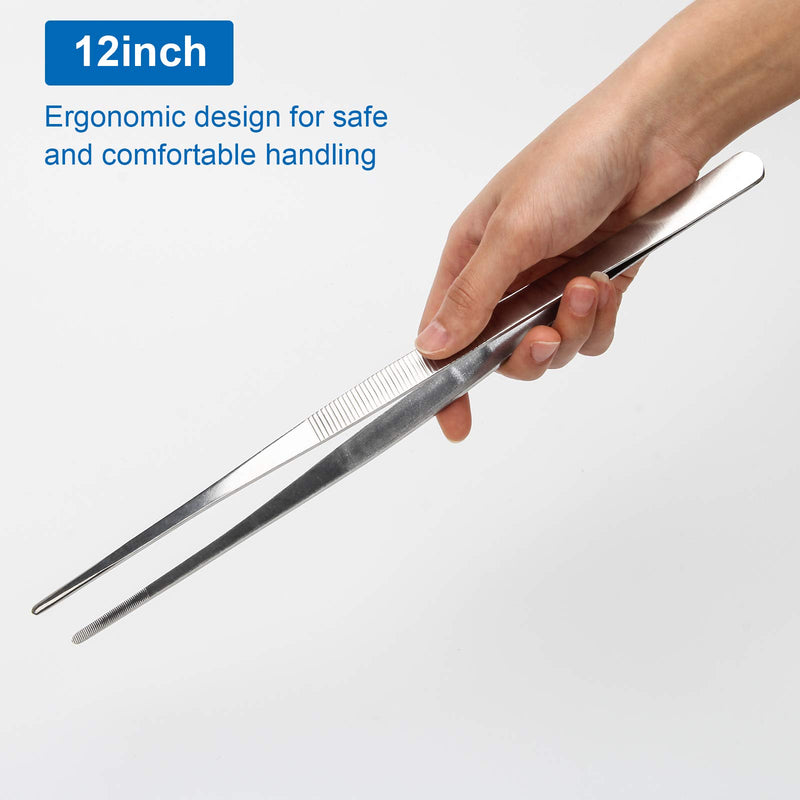Adecco LLC Kitchen tweezer Stainless Steel, Long tweezer with Precision Serrated Tips for Surgical, Cooking Pincette for Sea food, Bar Tweezer (12") 12"