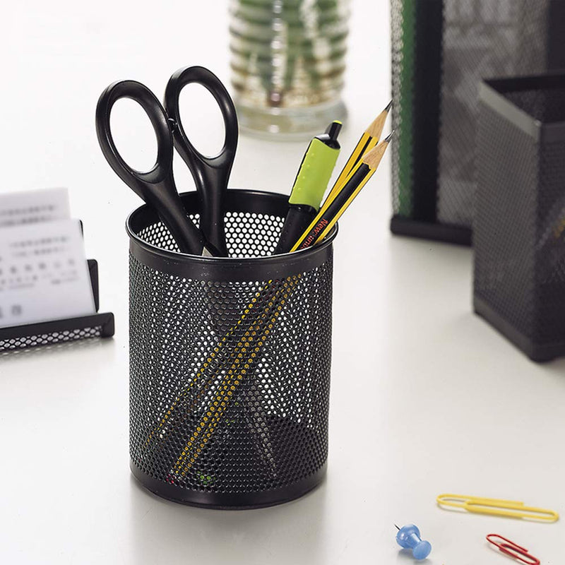 Comix Mesh Pen Holder for Desk, Metal Pencil Organizer, Black Round Pen Cup for Office School Black1