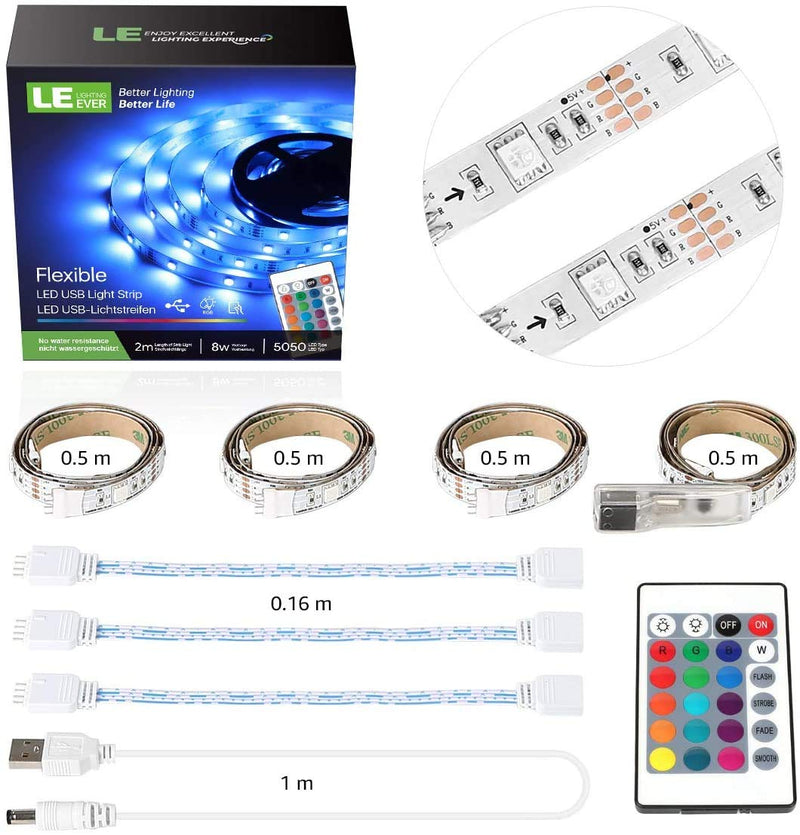 LE LED Strip Lights for TV, 6.56Ft RGB Color Changing TV Backlights with Remote, USB Powered Bias Lighting for 32-65 Inch TV, PC, Mirror