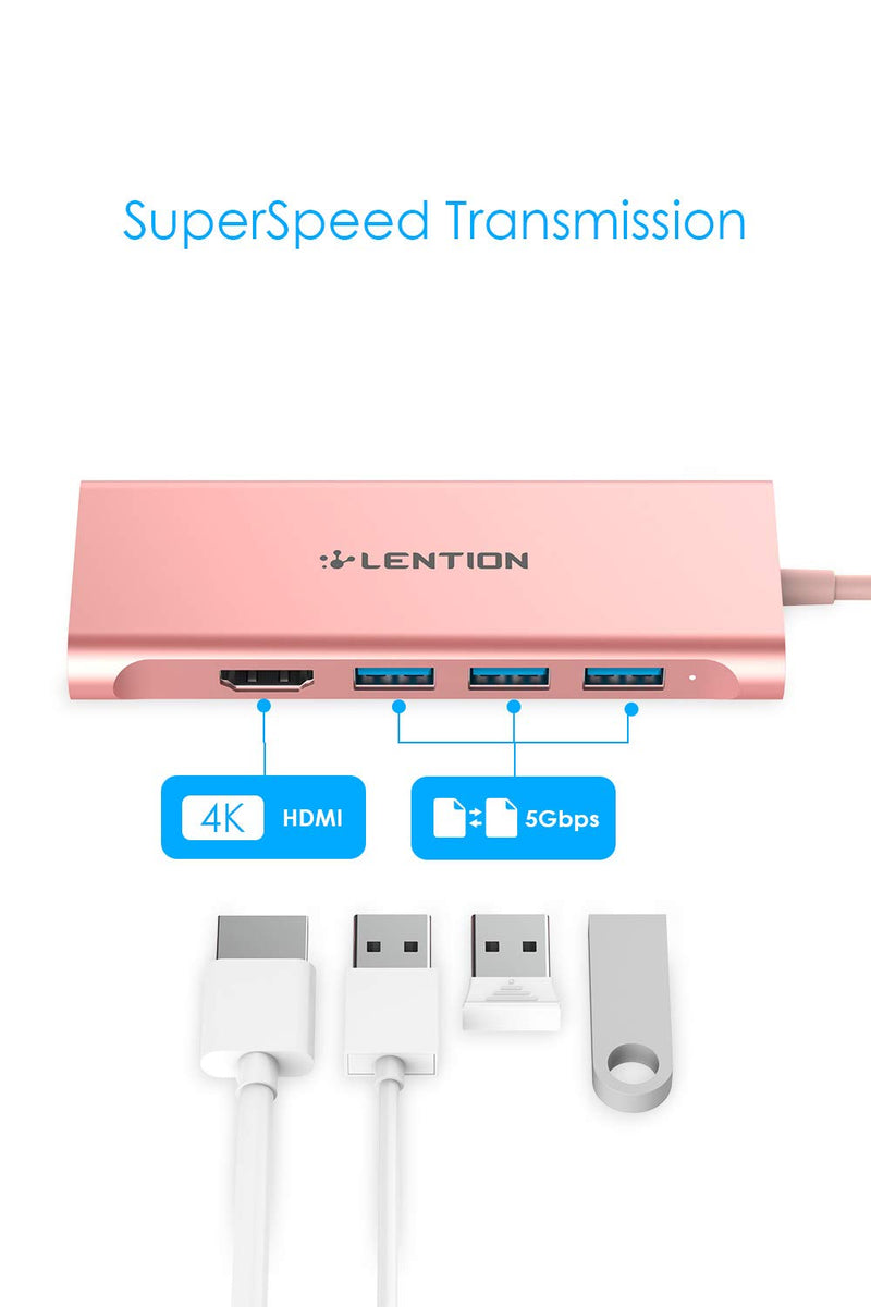 LENTION USB C Hub with 4K HDMI, 3 USB 3.0, SD 3.0 Card Reader Compatible 2020-2016 MacBook Pro 13/15/16, New iPad Pro/Mac Air/Surface, Chromebook, More, Multi-Port Dongle Adapter (CB-C34, Rose Gold)