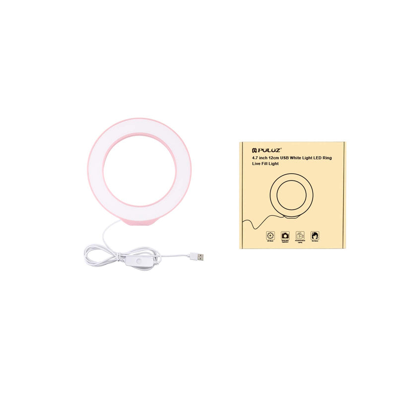 Mini Selfie LED Ring Light, PULUZ 4.7 inch 12cm USB White Light LED Ring Vlogging Photography Video Lights for Self Broadcasting/Remote Working/YouTube/TikTok Video/Live Streaming (Pink) Pink