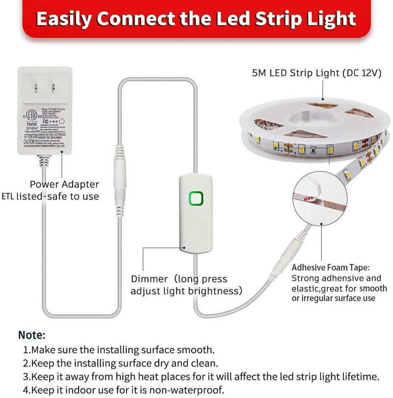 Led Strip Lights 16.4 Feet Dimmable Warm White Led Light Strip Flexible Led Rope Lights 12v Under Cabinet Lighting Kits with UL Power Supply, Adhesive Clips, Dimmer Switch and Connectors 16.4FT