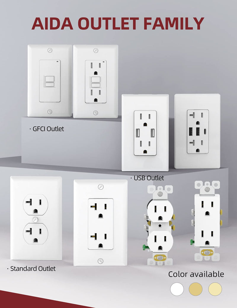 AIDA Decorative Receptacle Outlet, 20Amp 125V Outlets, Residential, 3-Wire, Self-Grounding, UL Listed, White (10 Pack)