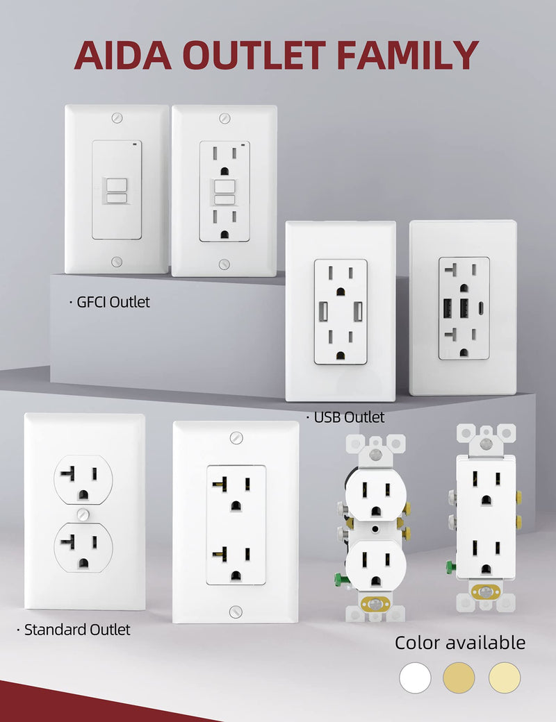 AIDA Duplex Electrical Receptacle Outlets, 20Amp 125V Wall Outlet, Residential, TR, 3-Wire, Self-Grounding, UL Listed, Push & Side Wire, White (10 Pack)
