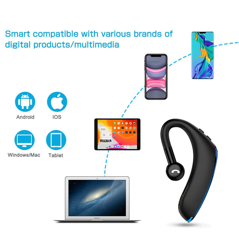 Bluetooth Headset V5.0 Wireless Bluetooth Earpiece 25 Hrs Talktime 230 Hours Standby Time, Fit Your Both Ear, Handsfree Headset with Noise Cancelling Mic, Compatible with iPhone and Android (Blue)