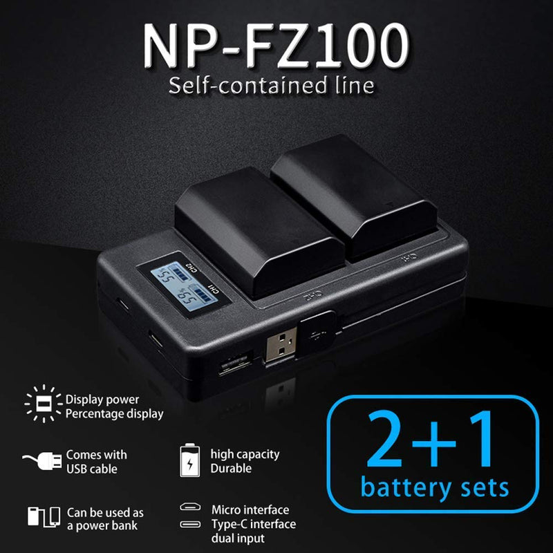 LJG8 NP-FZ100 Replacement Battery 2 Pack 2280mAh with Upgraded LCD Dual USB Charger for Sony NP-FZ100, BC-QZ1, Sony a9, a7R III, a7 III, ILCE-9 [Upgraded]