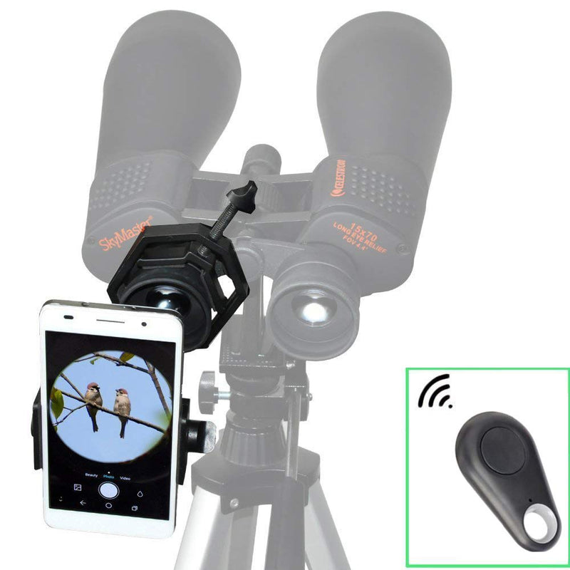 AccessoryBasics Binocular Spotting Scope Telescope Microscope Periscope Adapter Mount for Smartphone iPhone 13 Pro Max Galaxy S22 S21 Note Pixel OnePlus Video Image Recording [Includes Remote]
