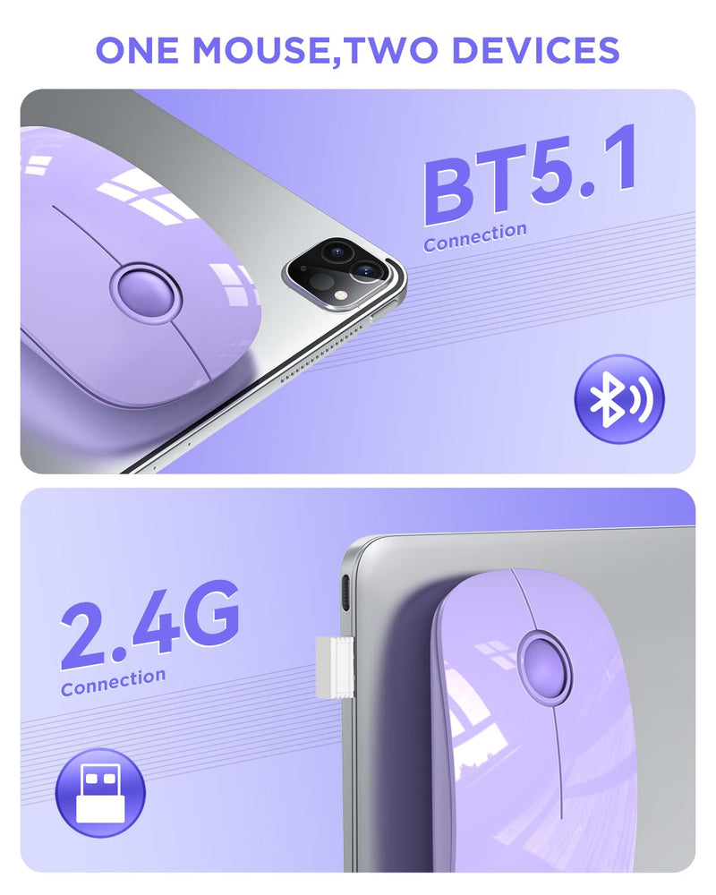 [AUSTRALIA] - RAPIQUE Wireless Bluetooth Mouse - (BT5.1+USB) Slim Dual Mode MacBook Mice with Quiet Click, Long Battery Life, and 1600 DPI High-Precision Optical Tracking for Laptop/iMac/iPad Pro/Computer (Purple) Purple 