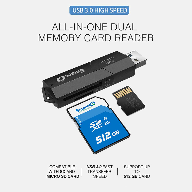SmartQ C307 DUO SD Card Reader Portable USB 3.0 Flash Memory Card Adapter Hub for SD, Micro SD, SDXC, SDHC, MMC, Micro SDXC, Micro SDHC, UHS-I for Mac, Windows, Linux, Chrome, PC, Laptop, Switch (Duo)
