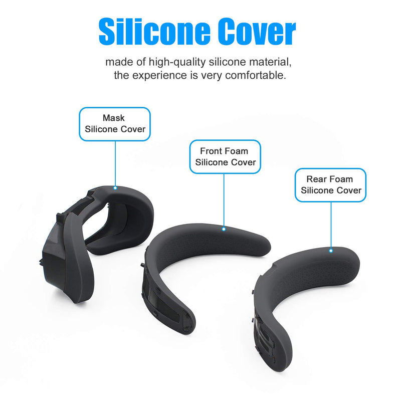 AMVR VR Mask Silicone Protective Cover & Front Foam and Rear Foam Silicone Cover Suit Set for Oculus Rift S Headset Sweatproof Waterproof Anti-Dirty Replacement Face Pads Accessories (Black) Black