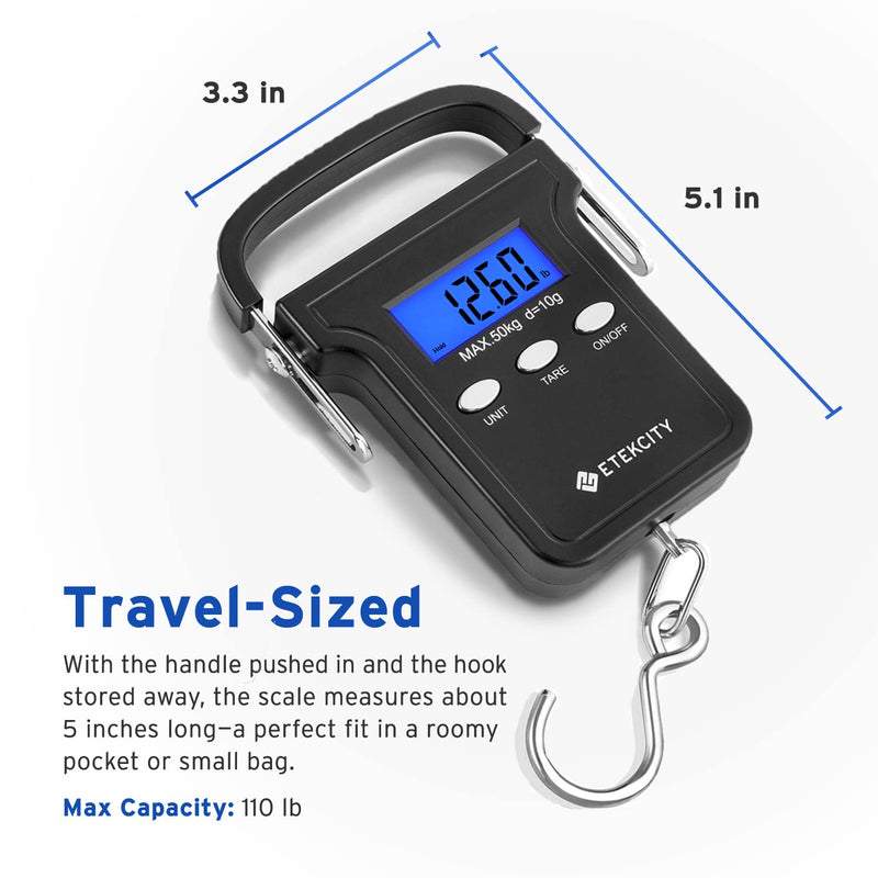 Etekcity Fishing Scale with Backlit LCD Display, 110lb/50kg Digital Electronic Hanging Hook Scale with Batteries and Carry Pouch Included, Black, Non-Slip Handle