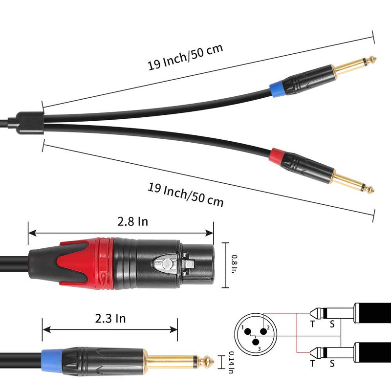 [AUSTRALIA] - DISINO XLR Female to Dual 1/4 inch Y Splitter Cable,Female XLR to Double 6.35mm Mono TS Plug Mic Audio Converter Adapter Cord - 3.3 feet 