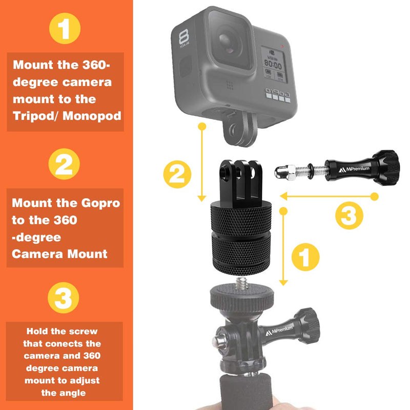 MiPremium Tripod Adapter Mount Kit for GoPro Hero 4 5 6 7 8 9 10 Black Silver Session & Other Action Cameras. 1/4 inch Aluminium Mounting Accessories with 360 Degree Swivel & Pivot Arm Connector