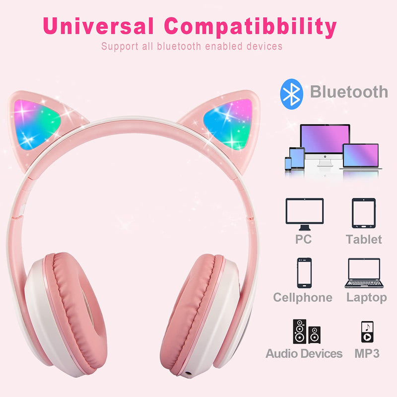 Wireless Headphones ONXE Cat Ear LED Light Up Foldable Bluetooth Headphones Over Ear w/Microphone Adjustable Kids Headsets for Online Distant Learning (Pink)