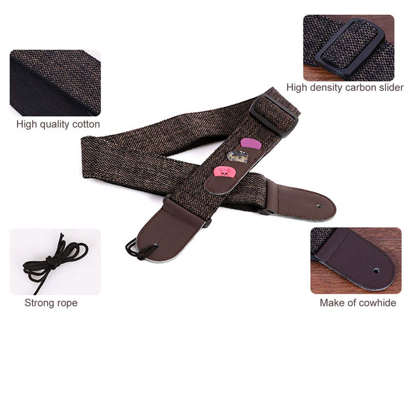 Guitar Strap Adjustable Guitar Strap with Leather Ends and 3 Pick Holders 3 Picks Included for Acoustic Guitar, Electric Guitar, Bass, Banjos (Dark Brown)