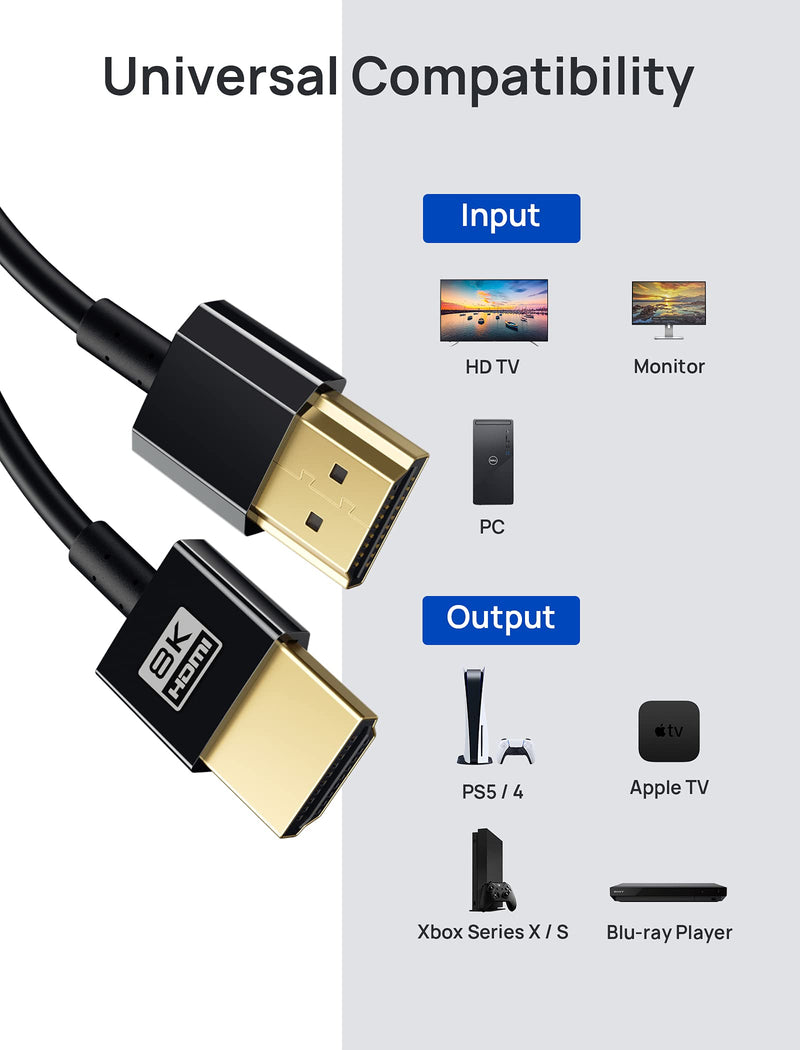 8K HDMI Cable 48Gbps 6ft, JSAUX Ultra High Speed Ultra Thin HDMI Cables, 4K 120Hz, 8K 60Hz, HDR 10, HDCP 2.2 & 2.3, 1440P, 1080P, eARC Compatible with Monitor UHD TV PC PS5 PS4 Blu-ray