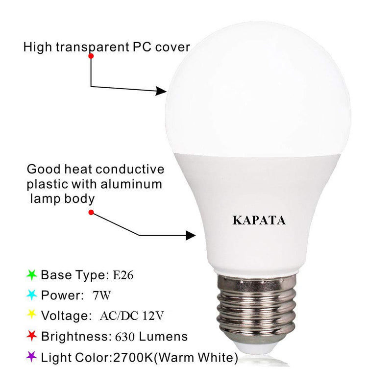Low Voltage 12V A19 LED Bulb Soft White 2700K Medium Screw Base E26 Light Bulb , Suitable for RV , Boat , Camping , Outdoor Solar Powered Lighting , Off Grid Lighting, 6-Pack 12 Volt Soft White Bulb