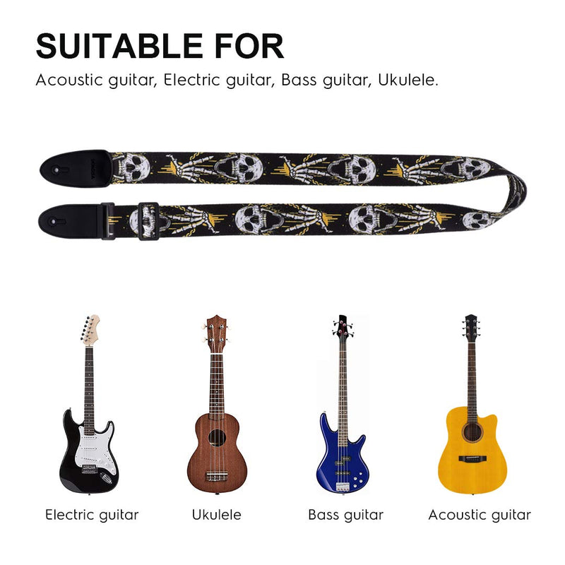 DINGDA Skull Guitar Strap, Soft Polyester & Leather Ends Adjustable Guitar Shoulder Strap for Bass, Electric & Acoustic Guitars - Includes 2 Picks and 2 Strap Locks (Black) Black skull