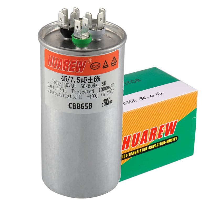 HUAREW 45+7.5 uF ±6% 45 7.5 MFD 370/440 VAC CBB65 Dual Run Start Round Capacitor for Condenser Straight Cool or Heat Pump Air Conditioner or AC Motor and Fan Starting