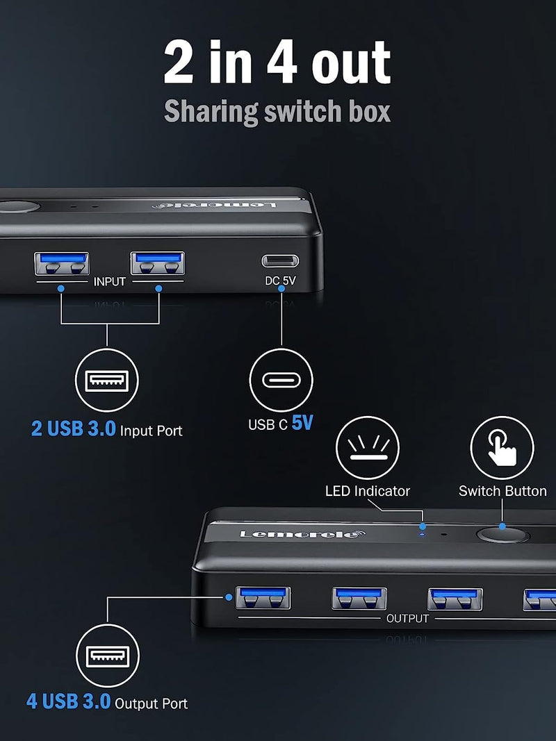 Lemorele USB 3.0 Switch Selector 2 Computers Sharing 4 USB Devices 4-Port USB Peripheral KVM Switcher Box for PC, Mouse, Keyboard, Printer, Scanner with 2 USB Cables, Compatible Windows/Mac/Linux