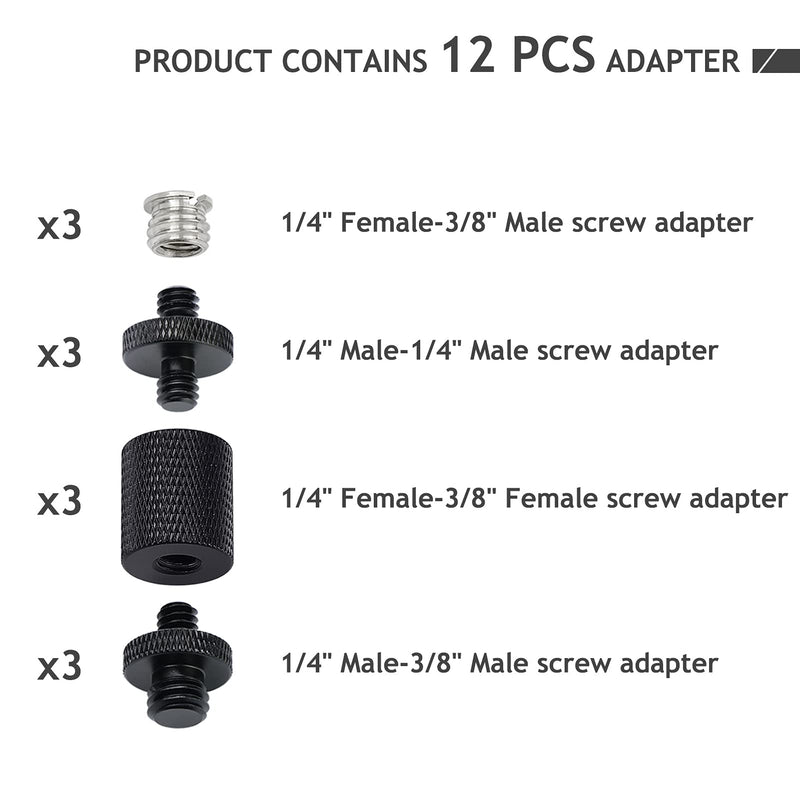 12 Pcs 1/4" 3/8" Light Stand Adapter, Tripod Screw Adapter Converter for DSLR Camera Tripod, Shoulder Rig, Flash Light Stand, Camera Cage, Lighting Equipment, LED Panel, GoPro Tripod Mount Frgyee 1/4M-3/8M 12pc