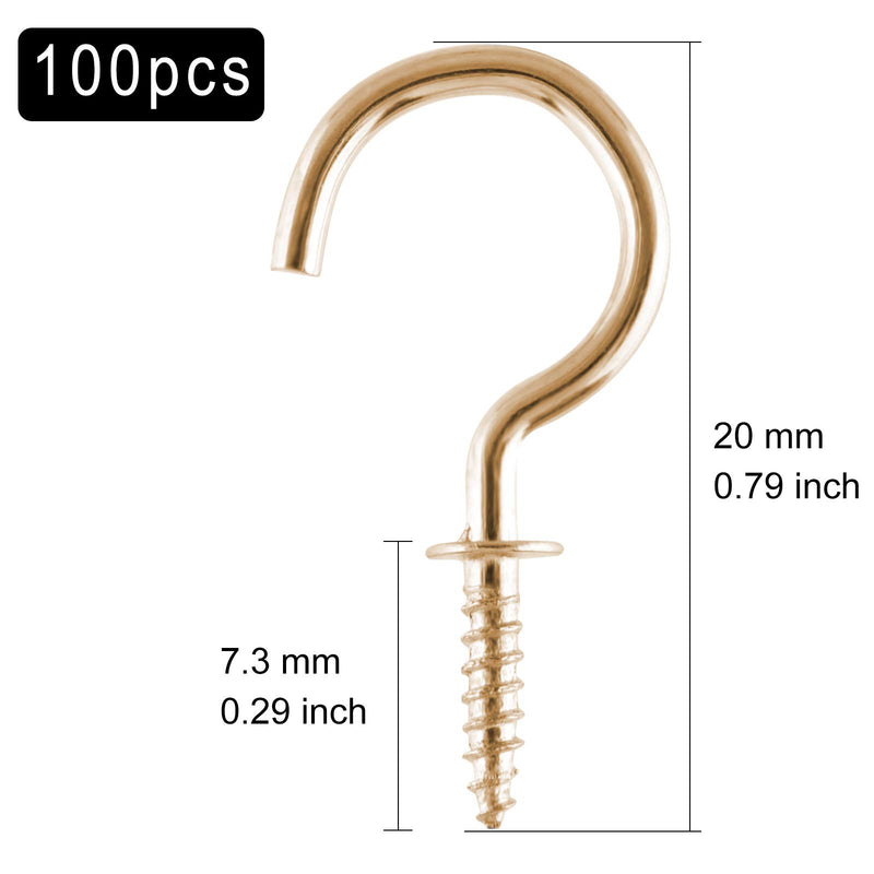 ASTARON 1/2 Inch 100 PCS Metal Ceiling Hooks Brass Plated Hook Holder Screw Hooks for Hanging (Gold) Gold