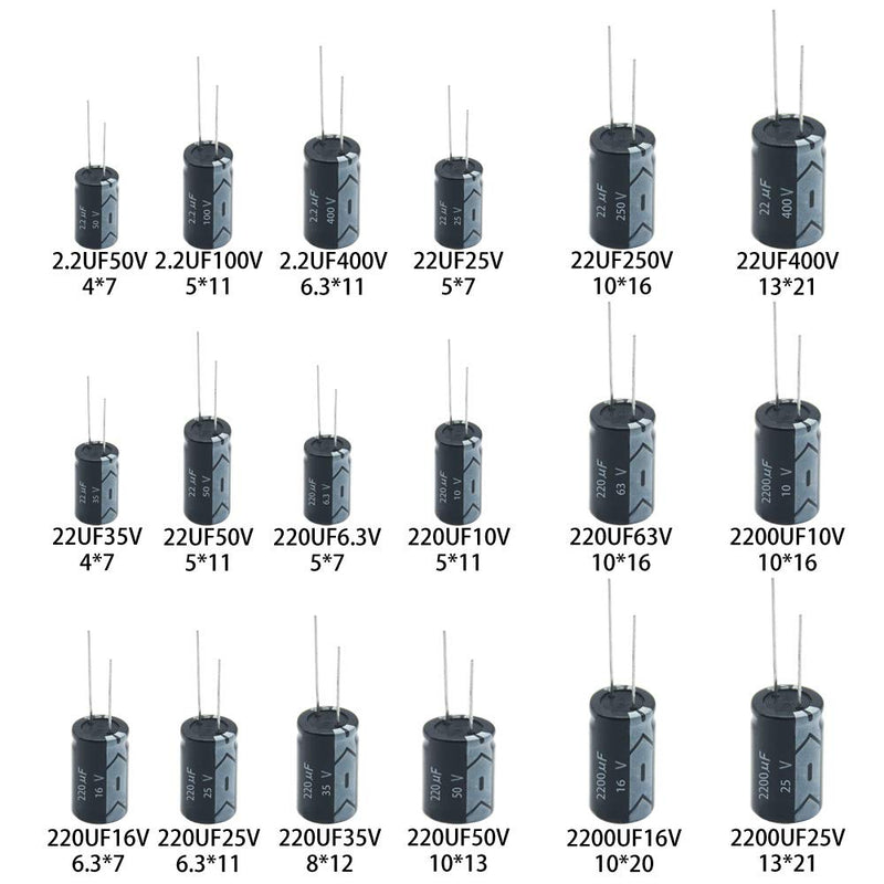 Electrolytic Capacitors 2.2uF 22uF 220uF 2200uF 6.3V 10V 16V 25V 50V 63V 100V 250V 400V Used in Toys Home Appliances Smart Meters Lighting Audio18Value 300Pcs XUANSN Capacitor Kit 300P