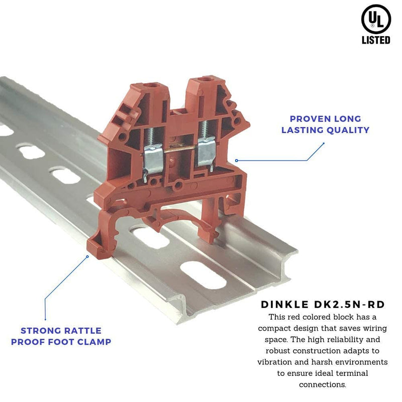 Dinkle Red DK2.5N-RD DIN Rail Terminal Block Screw Type UL 600V 20A 12-22AWG, Pack of 50