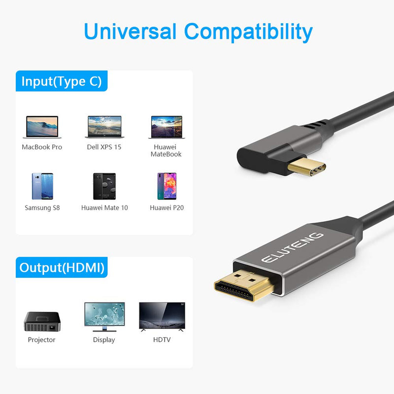 USB C to HDMI Cable Right Angle, ELUTENG USB Type C HDMI Cable(4K@60Hz) Gold Plated Video Adapter Support Thunderbolt 3 Compatible with MacBook Pro/Projector/Smart Phone/Laptop - 3.9FT