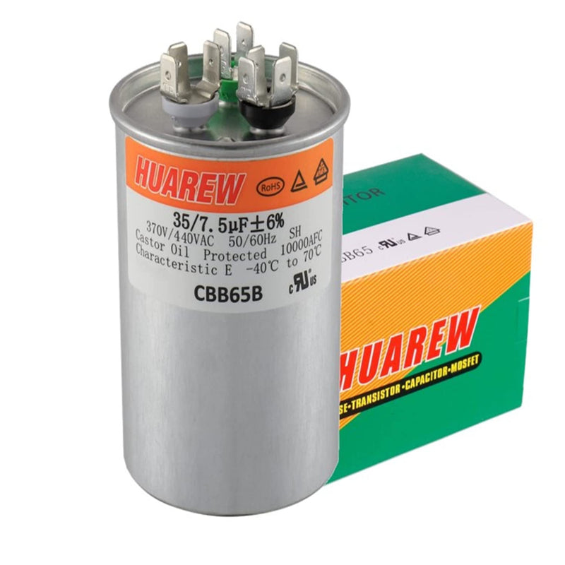 HUAREW 35+7.5 uF ±6% 35/7.5 MFD 370/440 VAC CBB65 Dual Run Start Round Capacitor for Condenser Straight Cool or Heat Pump Air Conditioner or AC Motor and Fan Starting