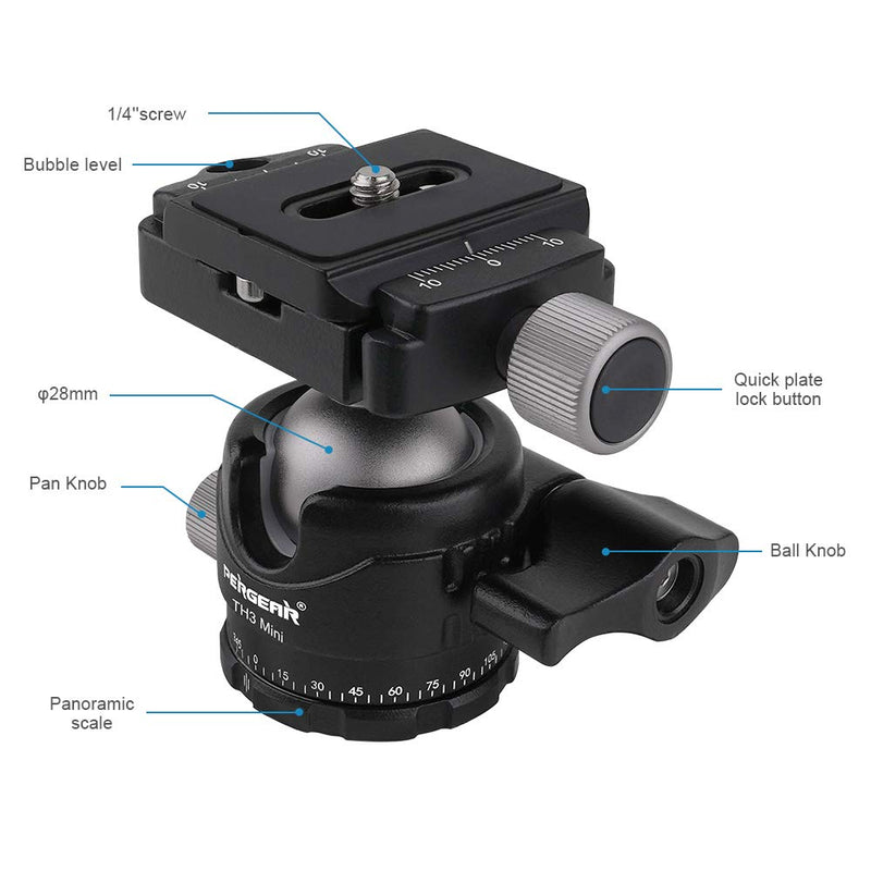 Pergear TH3 Mini DSLR Camera Tripod Ball Head, Aluminum Alloy Build Quality, 10kg/ 22 lbs Payload, Weight Only 194g/6.84oz, Free Rotation Ball Head