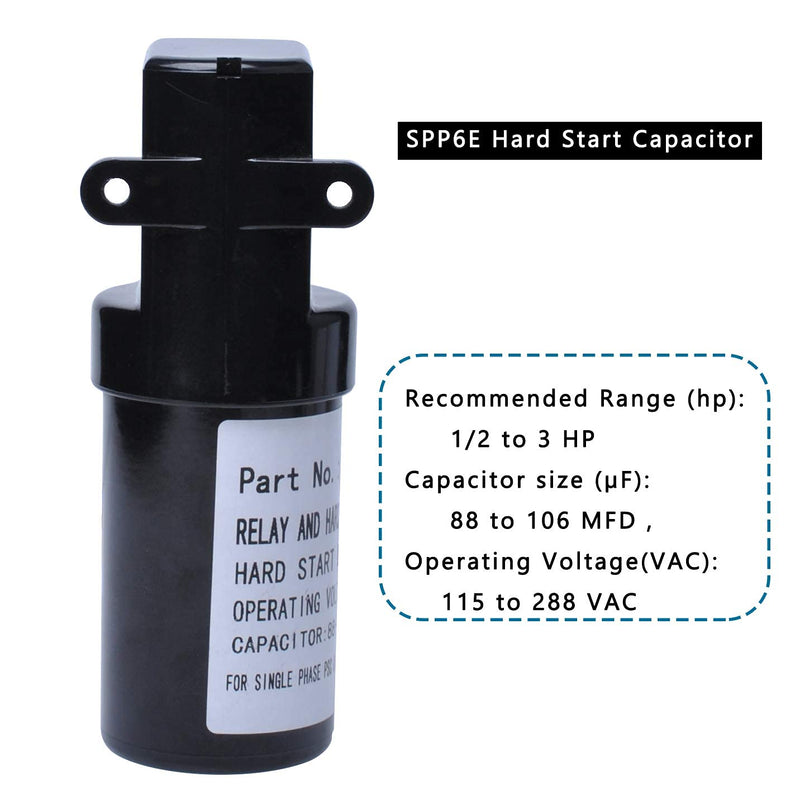 SPP6E Hard Start Capacitor,E Series Electronic Potential Relay Style Hard Start Kit-1/2-3 Horsepower Range, 88-106F