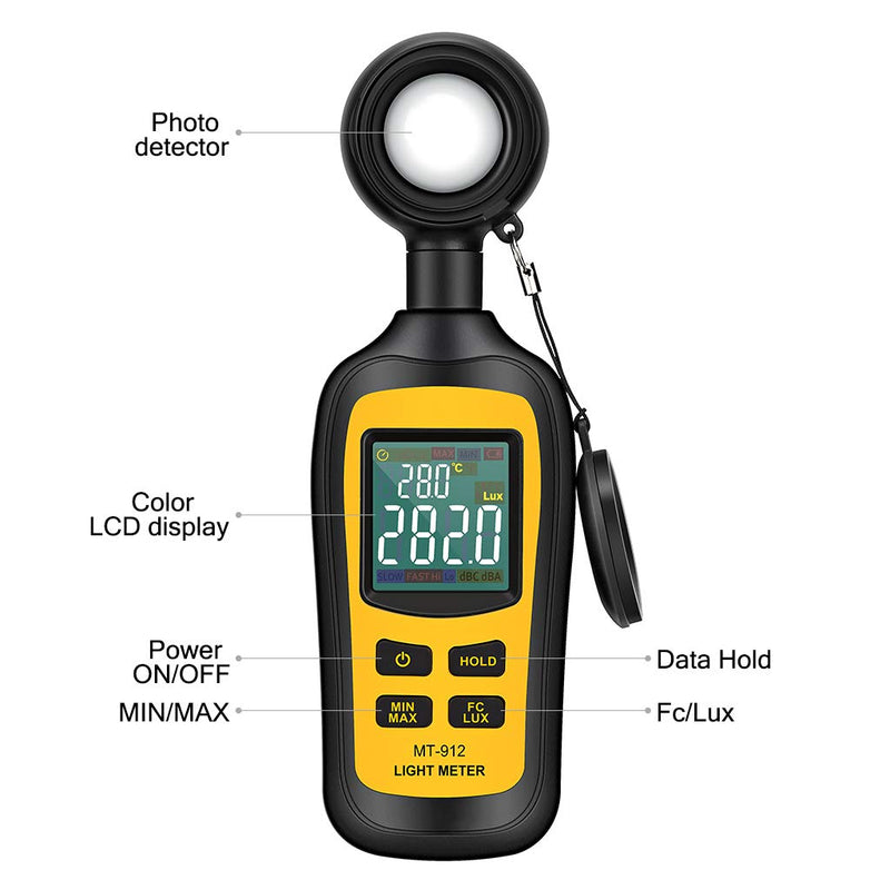 [AUSTRALIA] - Light Meter Digital Illuminance Meter Handheld Ambient Temperature Measurer, Range up to 200,000 Lux, Luxmeter with 4 Digit Color LCD Screen 