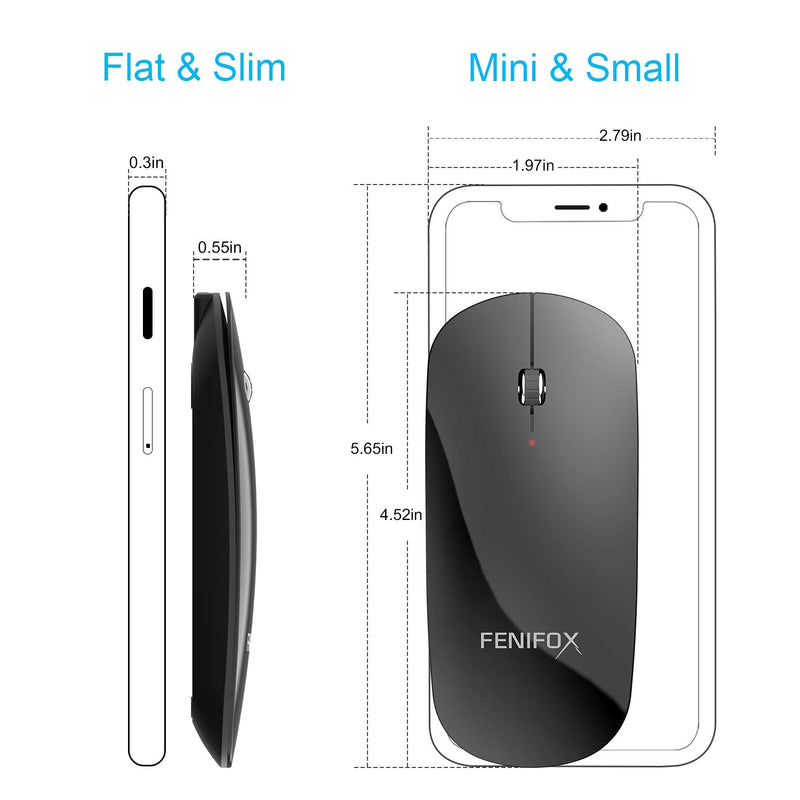 Bluetooth Mouse FENIFOX Slim Mini Whisper-Quiet Flat Portable Wireless Mice Rechargeable Compatible with Laptop,PC,Tablet Android Windows XP(Black) black