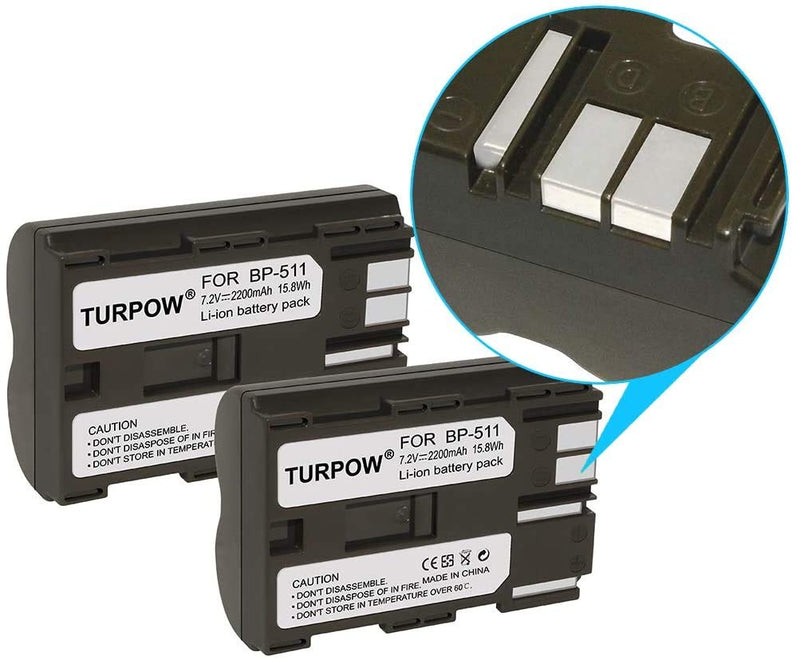 TURPOW 2 Pack BP-511 BP-511A 2200mAh 7.2V Replacement Battery Charger Set Compatible with Canon EOS 50D 40D 30D 20Da 20D 10D 5D 300D Digital Rebel D30 D60 PowerShot G6 G5 G3 G2 G1 Pro 1 Pro 90