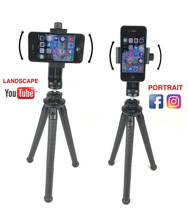 Socialite Flexible Camera Tripod - Bendable 12inch Mini Tripod Stand w/Rotating Cell Phone Mount for Smartphone - Compatible with iPhone, Android, DSLR, Go PRO, Nikon, Canon, Sony Digital Cameras