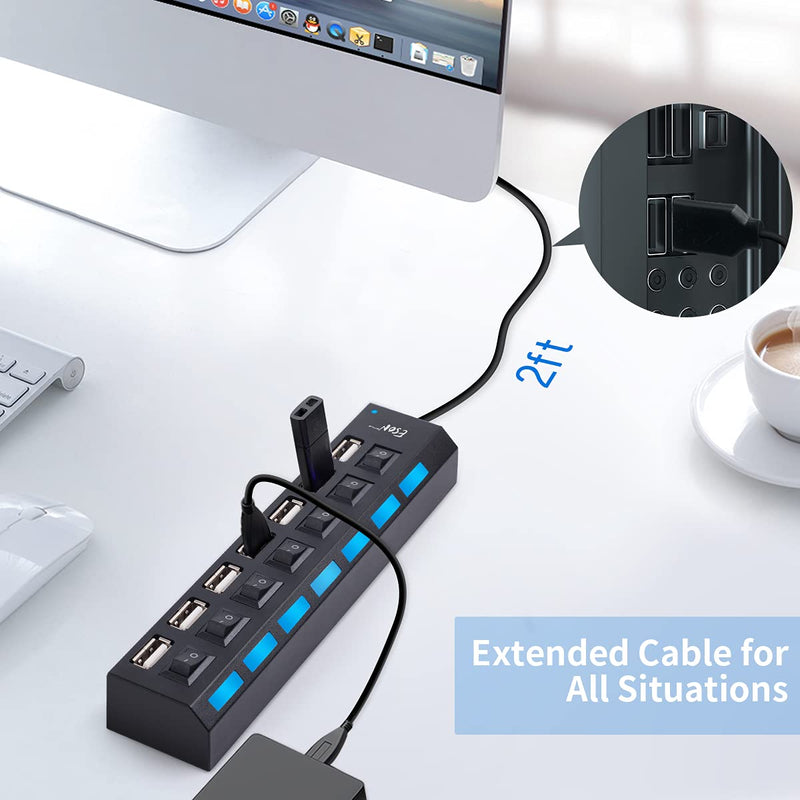 7-Port USB Hub USB 2.0 Hub Data Transfer with Individual Switches Indicator Lights for PC Laptop (Black-2) black-2