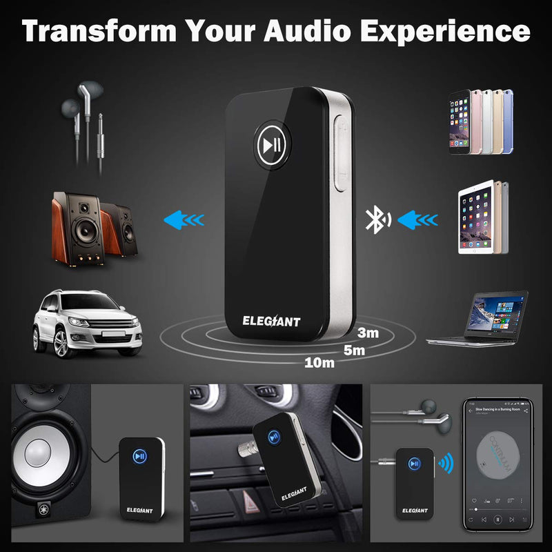 Bluetooth Receiver, ELEGIANT Car Kit Portable Wireless Audio Adapter 3.5mm Aux Stereo Output for Music Streaming Sound System, A2DP, Built-in Mic Hands-Free for Home/Car Audio System