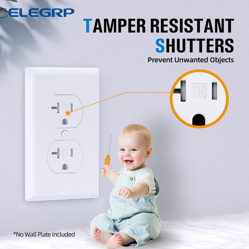 [AUSTRALIA] - ELEGRP Tamper-Resistant Duplex Receptacle, 20A 125V Standard Electrical Duplex Wall Outlet, 2 Pole 3 Wire, 5-20R, Self-Grounding, Residential Grade Straight Blade, UL (Glossy White, 10 Pack) Tamper Resistant 