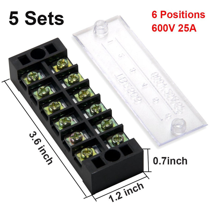 MILAPEAK Terminal Block and Strip - 5pcs 6 Positions 600V 25A Dual Row Screw Terminal Strip with Cover + 10pcs 400V 25A 6 Positions Pre-Insulated Terminal Barrier Jumper Strips Black & Red 25A 6P+10pcs Jumpers