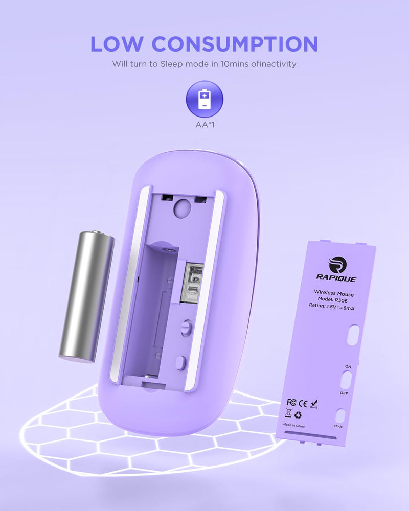 [AUSTRALIA] - RAPIQUE Wireless Bluetooth Mouse - (BT5.1+USB) Slim Dual Mode MacBook Mice with Quiet Click, Long Battery Life, and 1600 DPI High-Precision Optical Tracking for Laptop/iMac/iPad Pro/Computer (Purple) Purple 