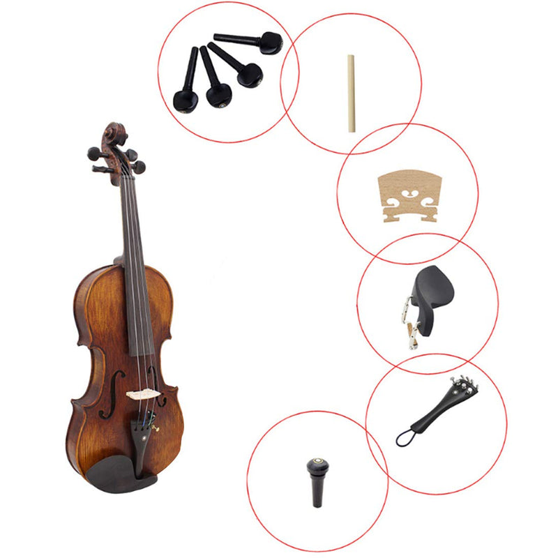 FarBoat 15Pcs 4/4 Violin Accessories Kit, Chin Rest, Chinrest Clamp, Tailpiece, 4 Tuning Pegs, 4 Fine Tuners, Tailgut, Endpin, Maple Bridge, Spruce Sound Post, Replacement Parts