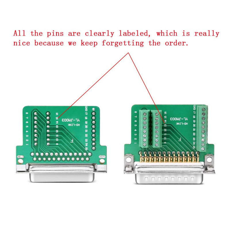 Jienk DB25 Solderless Female RS232 D-SUB Serial Adapters, 16mm thinner 25 Pin Port Terminal Solderfree Breakout Connector Board with Case Accessories