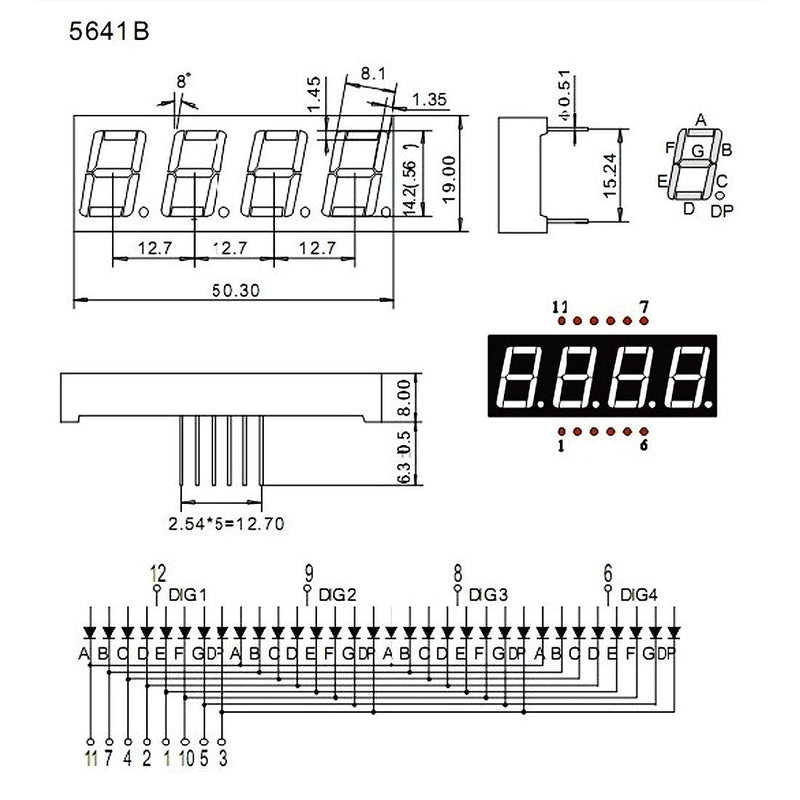 uxcell Common Anode 12Pin 4 Bit 7 Segment 1.98 x 0.75 x 0.31 Inch 0.55" Red LED Display Digital Tube 2pcs