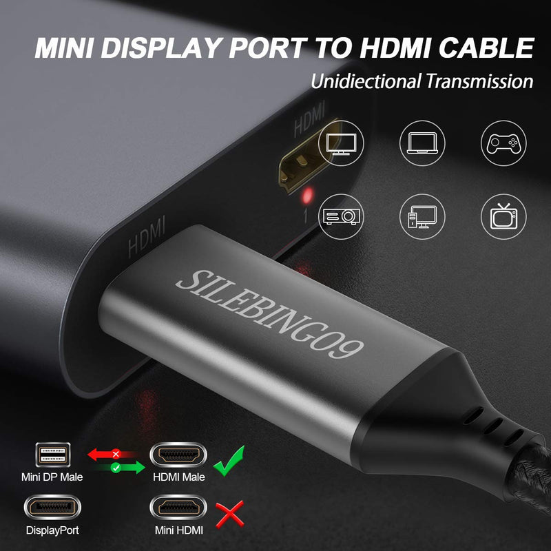 Mini DP to HDMI Cable, SILEBING09 1080P Male to Male Cord Thunderbolt to HDMI Cable Adapter for Apple/Mac/MacBook (3M/10FT) 10 Feet