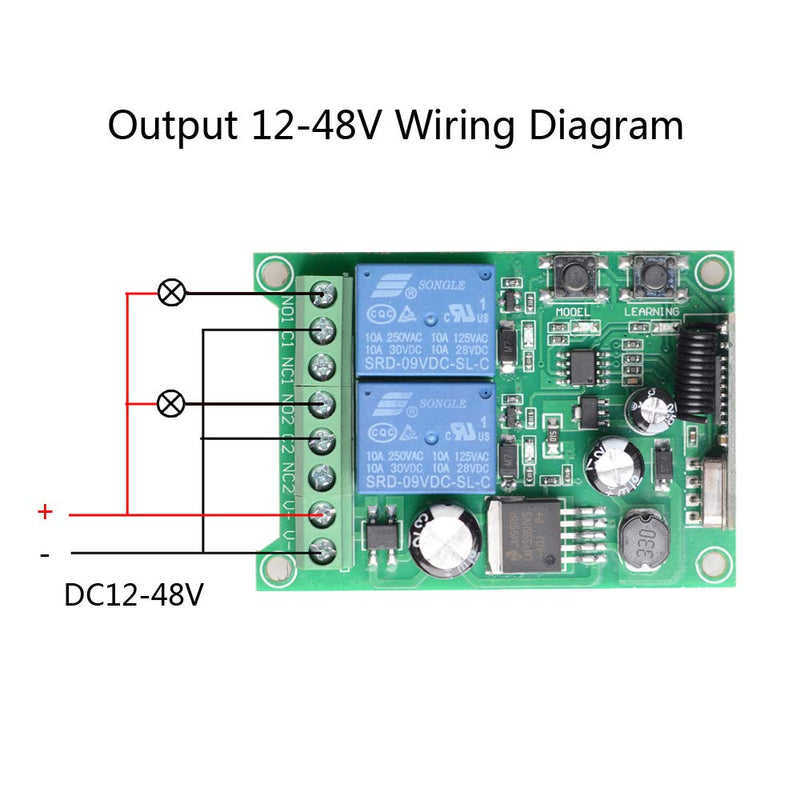 fushionsea Universal Wireless Remote Control Switch DC 12V 24V 36V 48V 2CH 10A Relay Receiver Module with 2 Channel RF Remote Transmitter for Various Wireless Controls