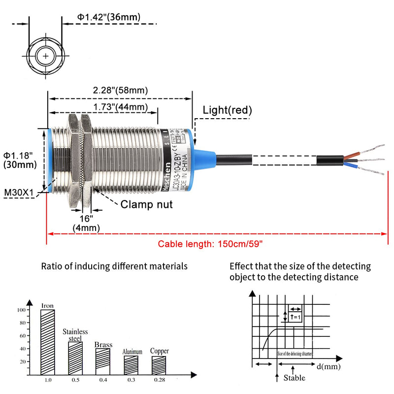 [AUSTRALIA] - Heschen M30 Capacitive Proximity Sensor Switch Shield Type LJC30A3-10-Z/BY Detection 1-10mm 10-30VDC 200mA PNP Normally Open(NO) 3 Wires 