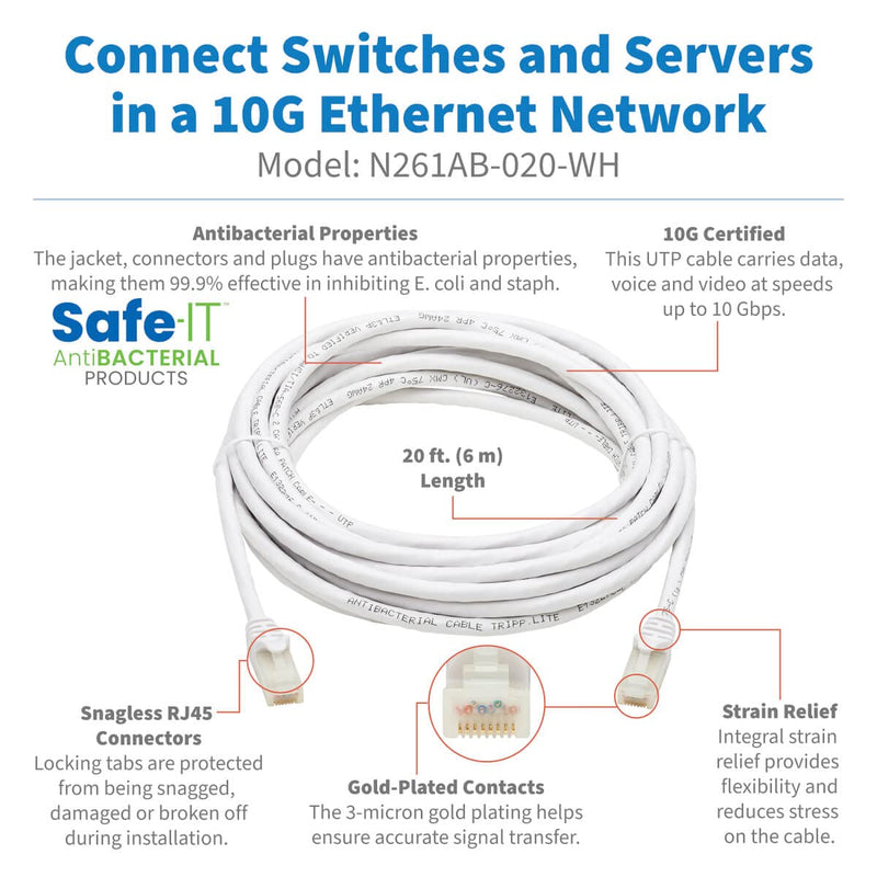 Tripp Lite, Safe-IT Cat6a Ethernet Cable, 10G Certified, Snagless, UTP, (RJ45 M/M), White, 20 Feet / 6.09 Meters, Limited Life Manufacturer's Warranty (N261AB-020-WH)