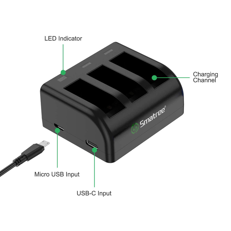 Smatree 3-Channel Battery Charger Compatible with Gopro Hero 9 Black