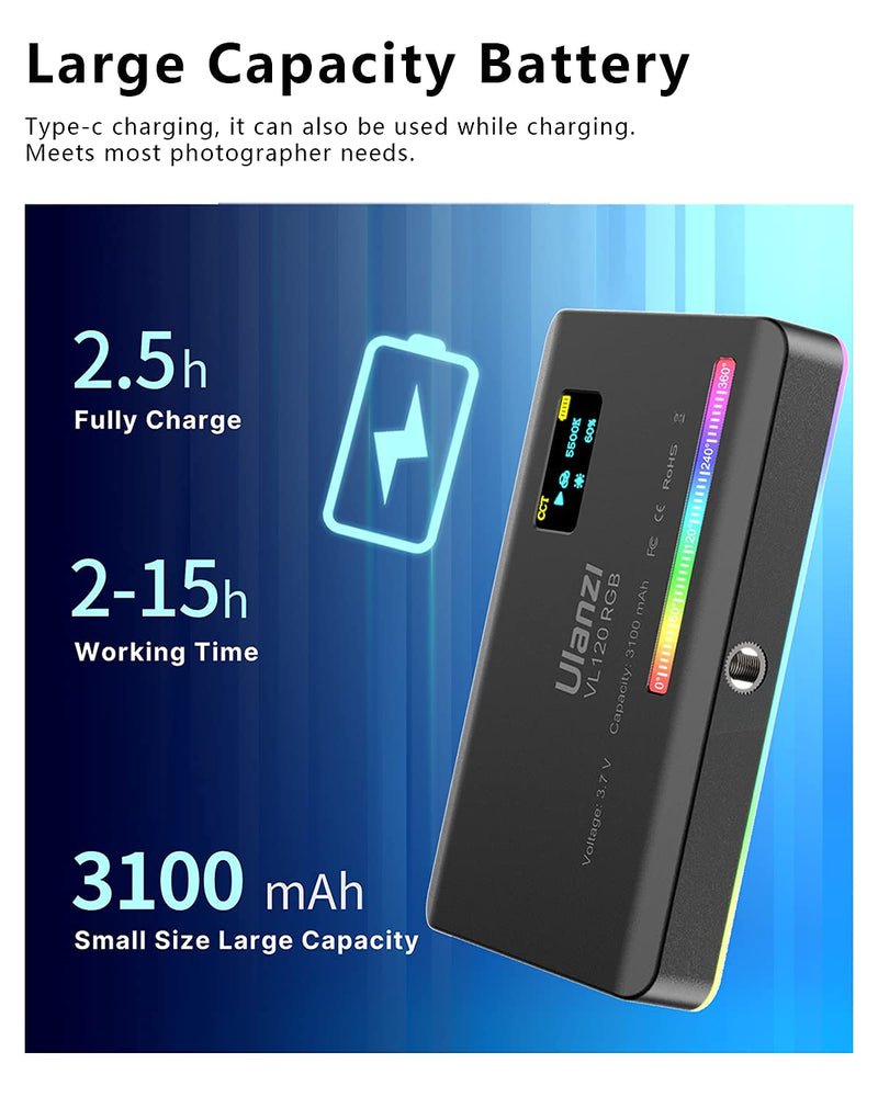 ULANZI VL120 RGB Video Light, Pocket LED On-Camera Video Lights, Built-in 3100mAh Rechargeable Battery, 360 Full Color 20 Light Effects, CRI≥95 2500-9000K LED Panels for Photography Vlogging black